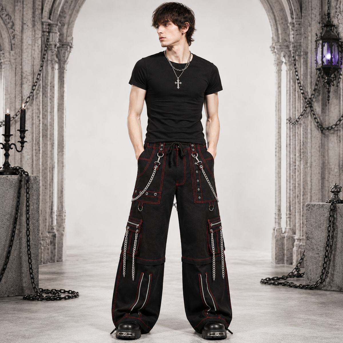 Men's Electro Bondage Gothic Red Stitch Rave Gothic Cyber Chain Goth Jeans Punk Rock Pants USA