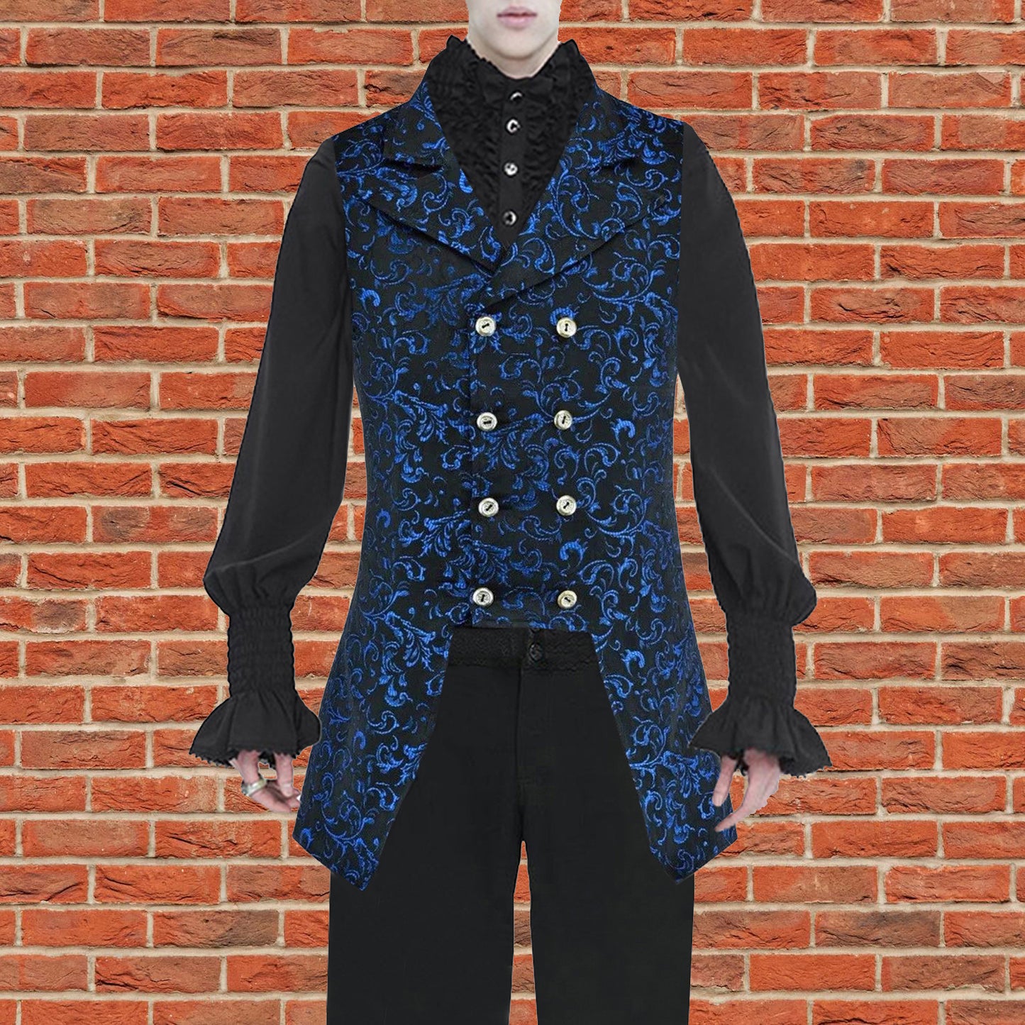 Men's Double Breasted Governor Vest Waistcoat Vtg Blue Brocade Gothic Steampunk/Usa