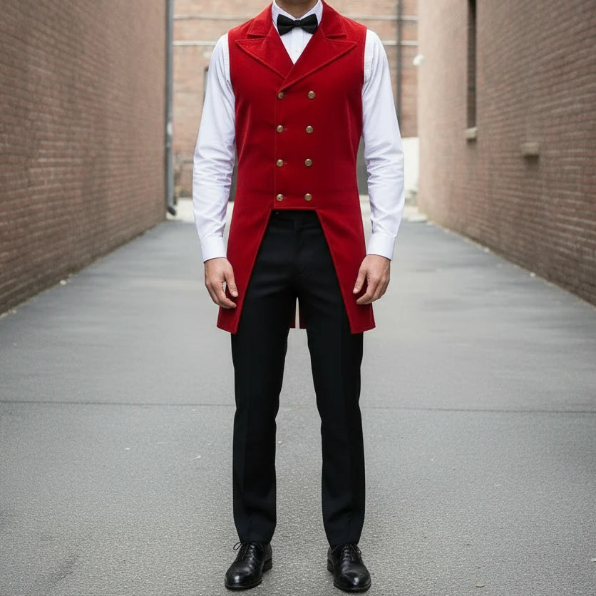 Men's Double Breasted Governor Vest Waistcoat Vtg Red Velvet Brocade Gothic Steampunk USA
