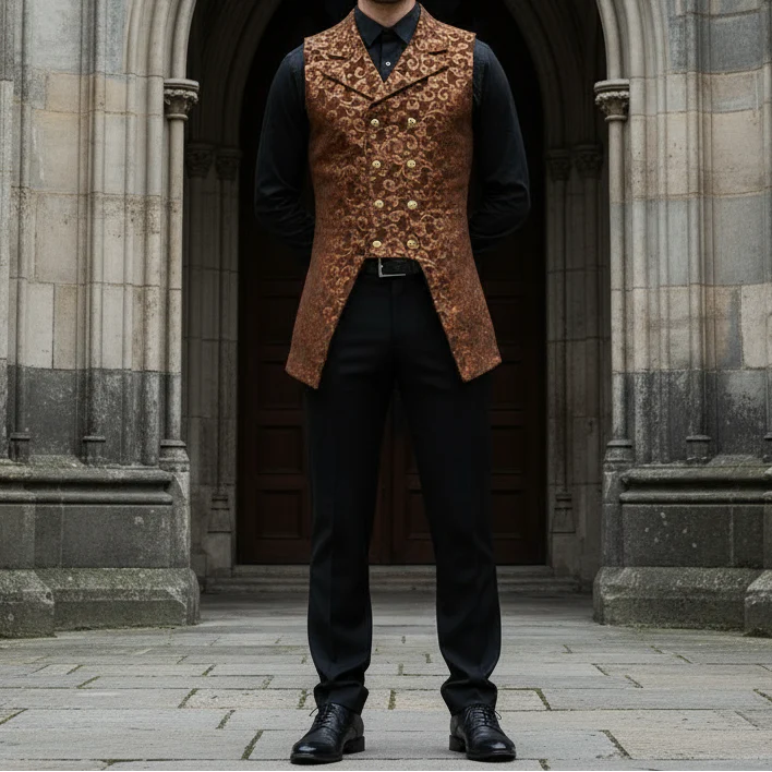Men's Double Breasted Governor Vest Waistcoat Vtg Gold Brocade Gothic Steampunk USA