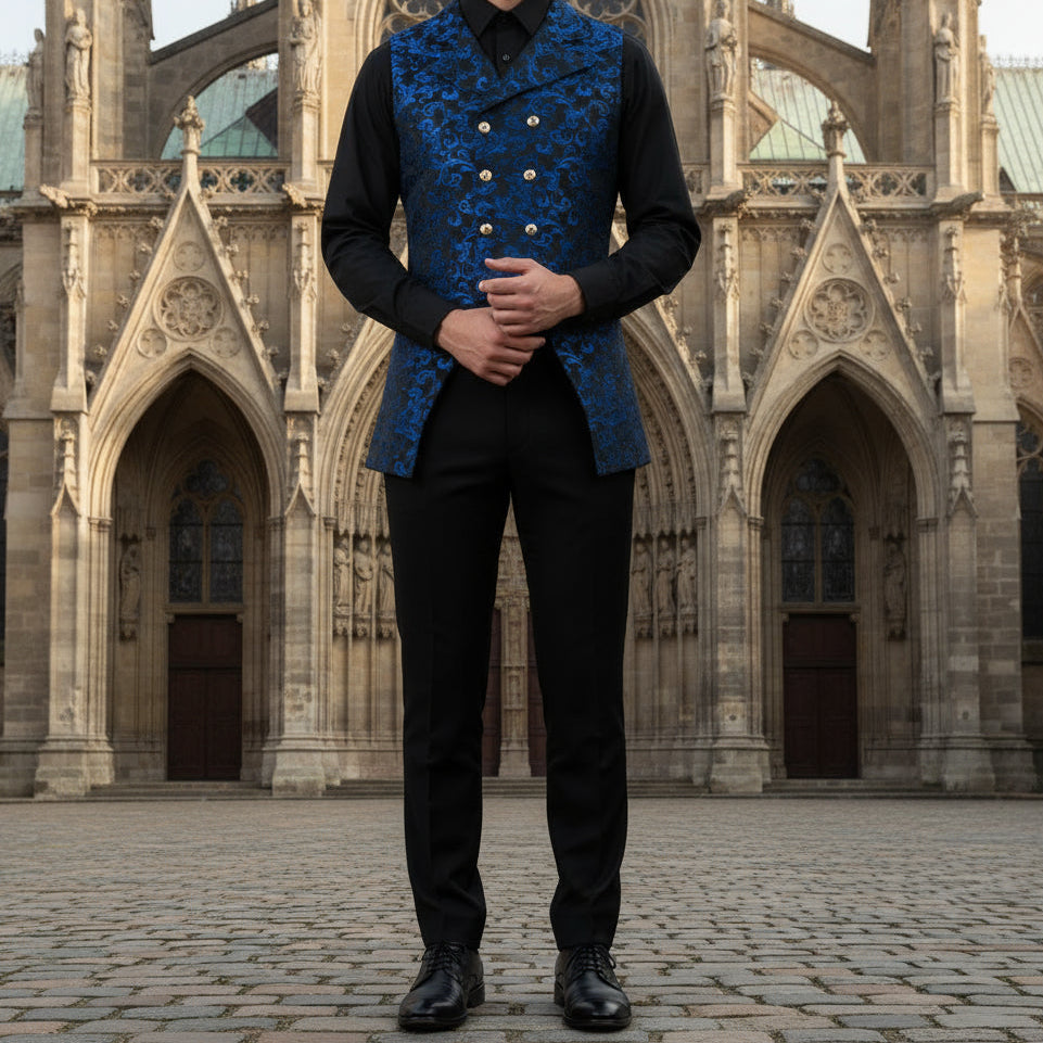 Men's Double Breasted Governor Vest Waistcoat Vtg Brocade Gothic Steampunk USA Blue Brocade