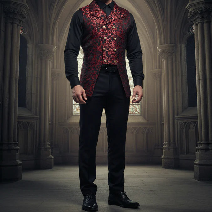 Men's Double Breasted Governor Vest Waistcoat Vtg Brocade Gothic Steampunk USA Red
