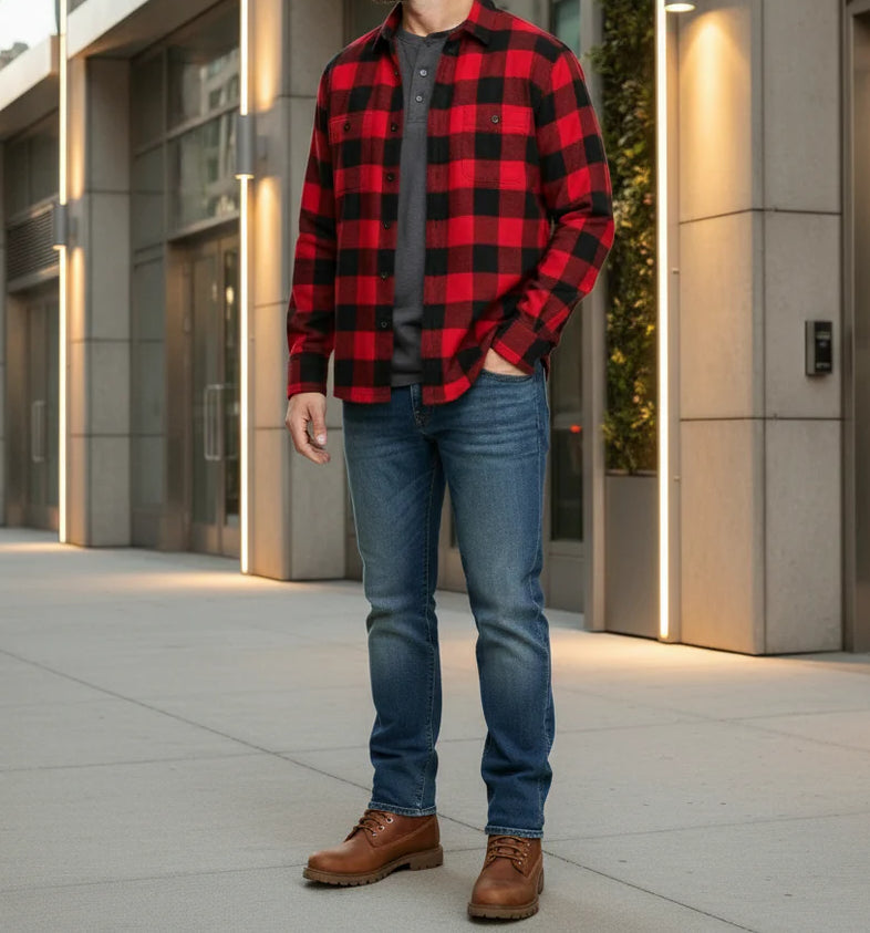 Red Flannel Buffalo Plaid Cotton Button Down Unisex Shirt