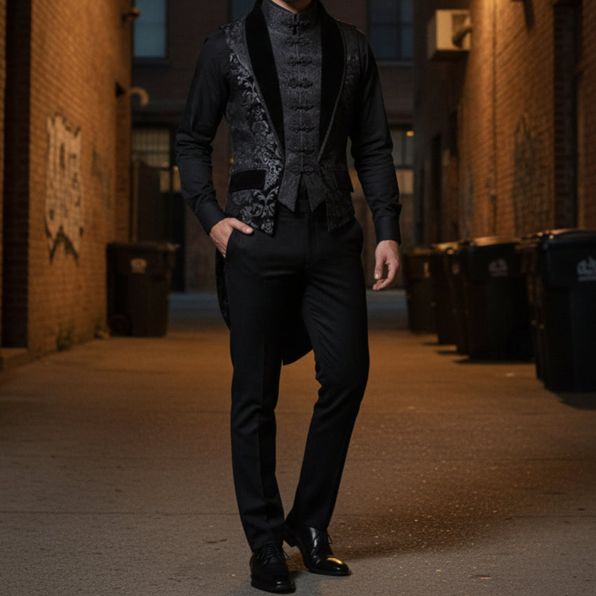 Prime Quality Men Gothic Victorian Silver Brocade Waistcoat Vest Jacquard Tuxedo Sleeveless Tailcoat