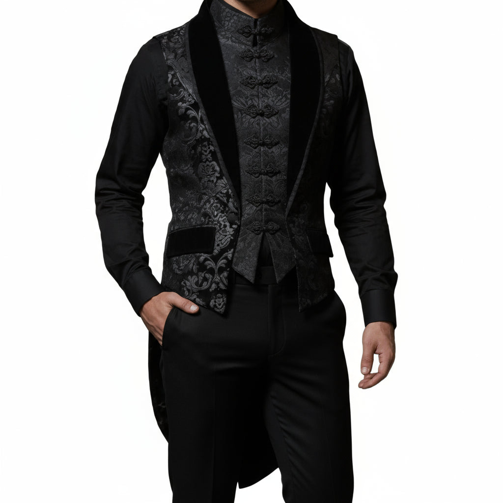 Prime Quality Men Gothic Victorian Silver Brocade Waistcoat Vest Jacquard Tuxedo Sleeveless Tailcoat