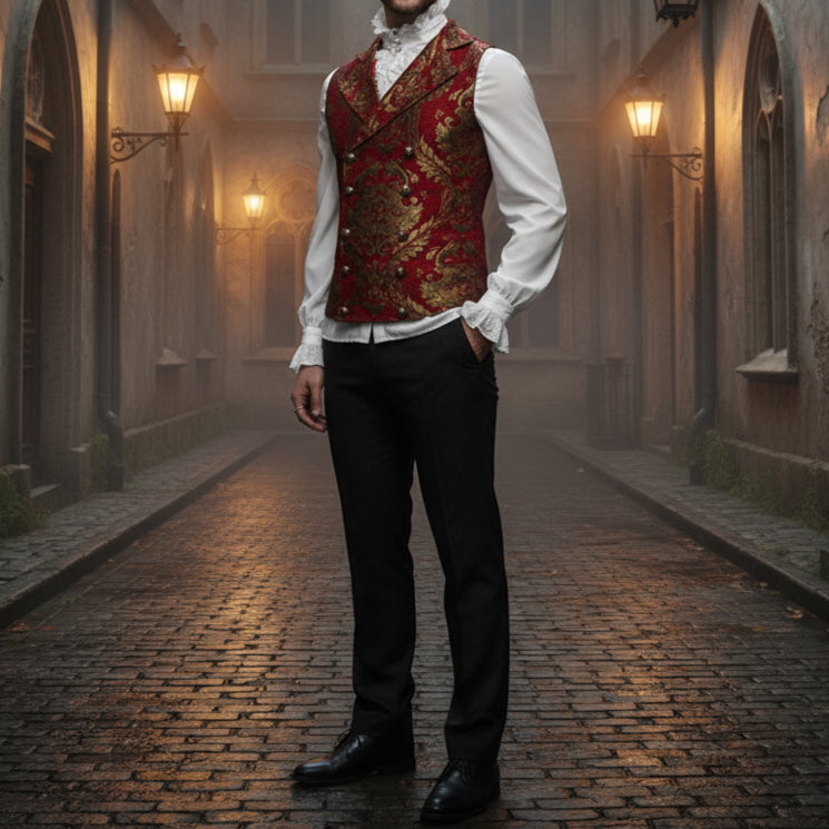 Prime Quality Men's Handmade Red Gold Victorian Cavalier Waistcoat Vest