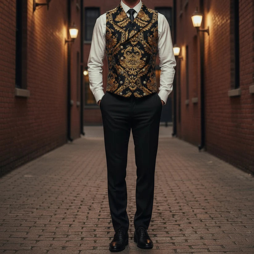 Prime Quality Men's Handmade Gold Black Victorian Cavalier Waistcoat Vest