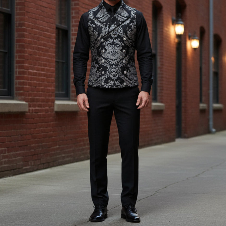 Prime Quality Men's Handmade Silver/Black Victorian Cavalier Waistcoat Vest