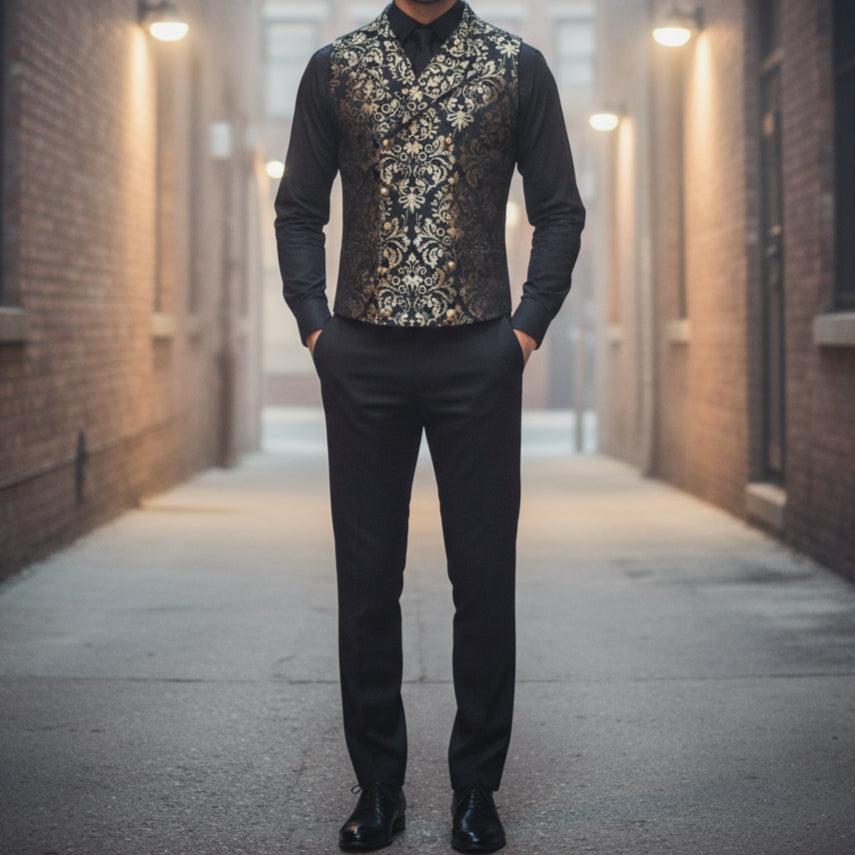 Men's Victorian Gentleman's Aristocrat Gold Double Breasted Vest Gothic Steampunk Waistcoat Vest Tapestry Stylish Casual Vest