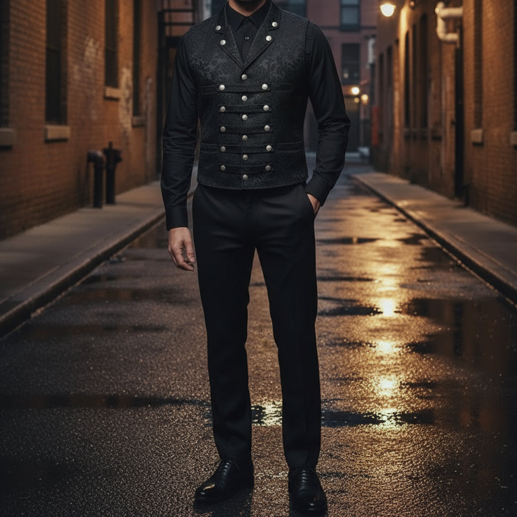 Men's Victorian Steampunk Captain Black Brocade Waistcoat Gentleman Vest