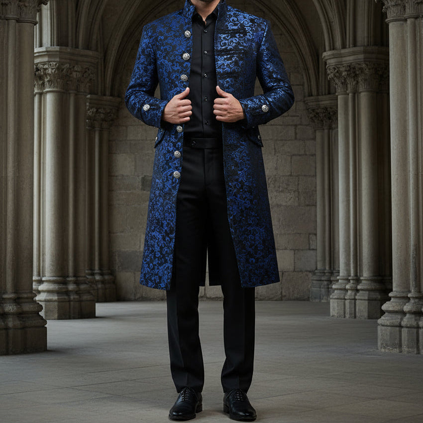 Renaissance Men's Blue Brocade Goth Steampunk Victorian Velvet Frock Coat USA