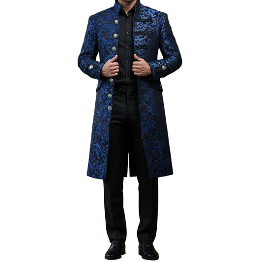 Renaissance Men's Blue Brocade Goth Steampunk Victorian Velvet Frock Coat USA