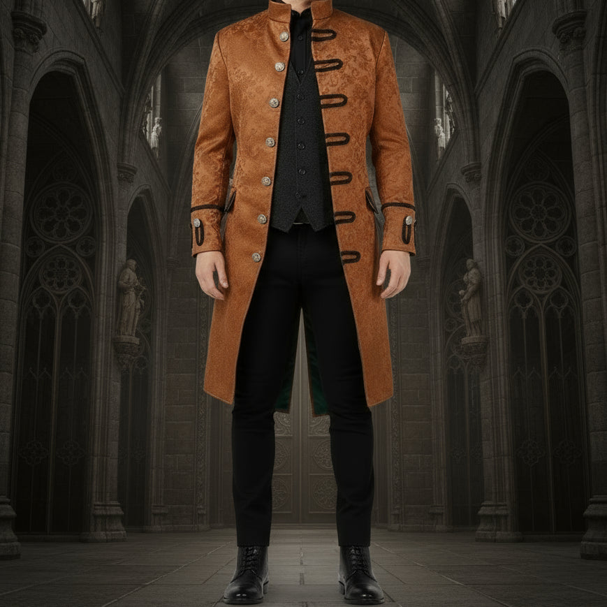 Renaissance Men's Brown  Brocade Goth Steampunk Victorian Frock Coat USA