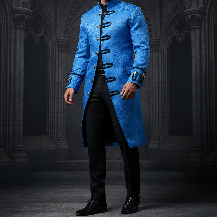 Renaissance Mens Royal Blue Brocade Goth Steampunk Victorian Velvet Frock Coat