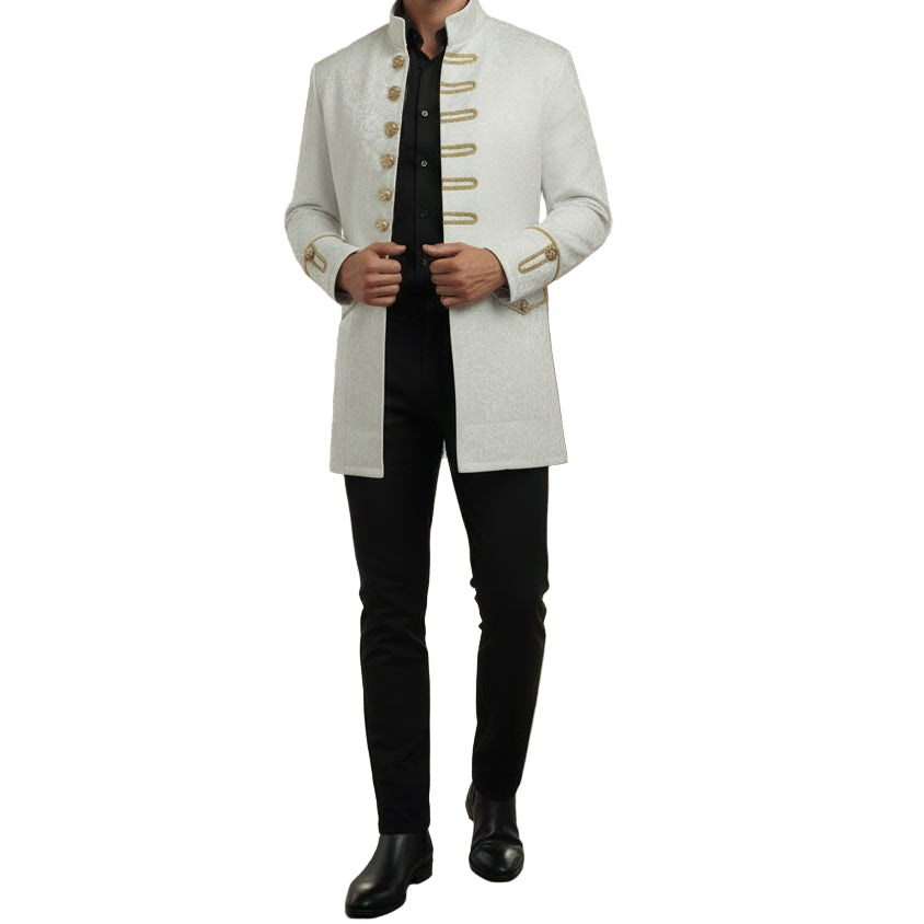 Renaissance Men's Velvet Goth Steampunk Victorian Frock Coat Brocade White Gold