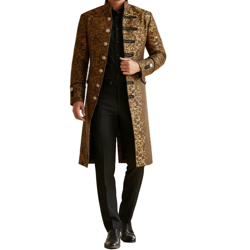 Renaissance Men's Gold Brocade Goth Steampunk Victorian Velvet Frock Coat USA