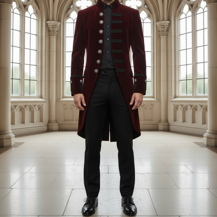 Men's Velvet Renaissance Burgundy Handmade Frock Coat Gothic Victorian Jacket Steampunk