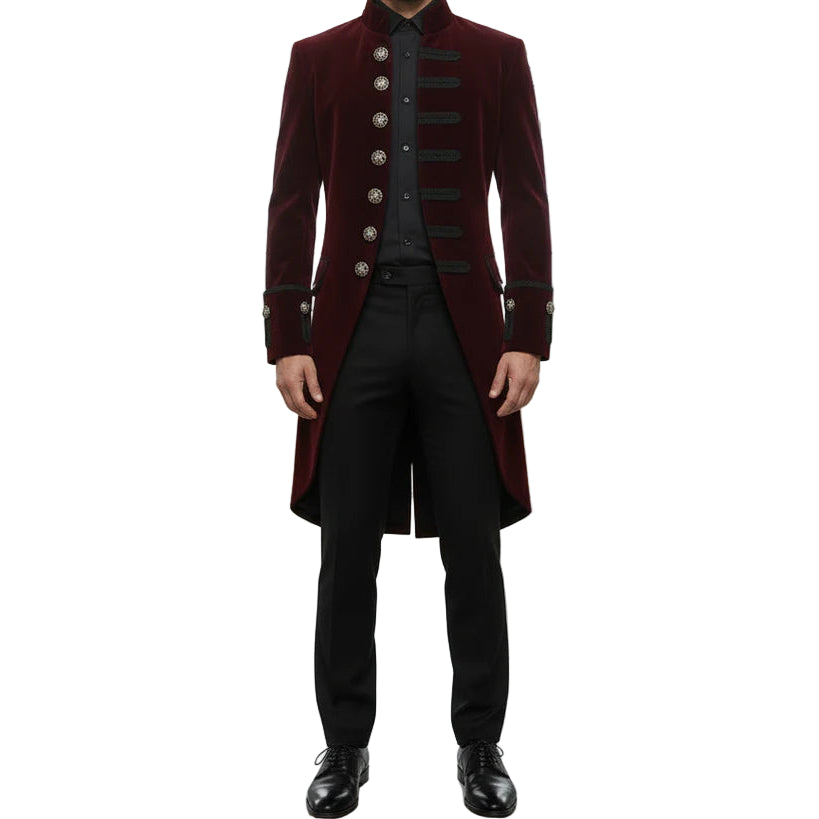 Men's Velvet Renaissance Burgundy Handmade Frock Coat Gothic Victorian Jacket Steampunk
