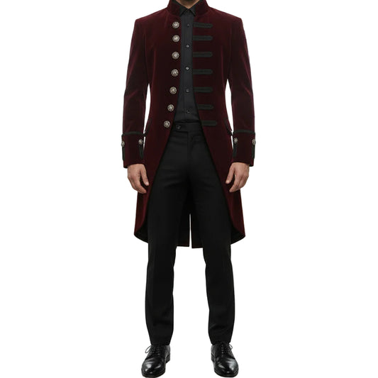 Men's Velvet Renaissance Burgundy Handmade Frock Coat Gothic Victorian Jacket Steampunk