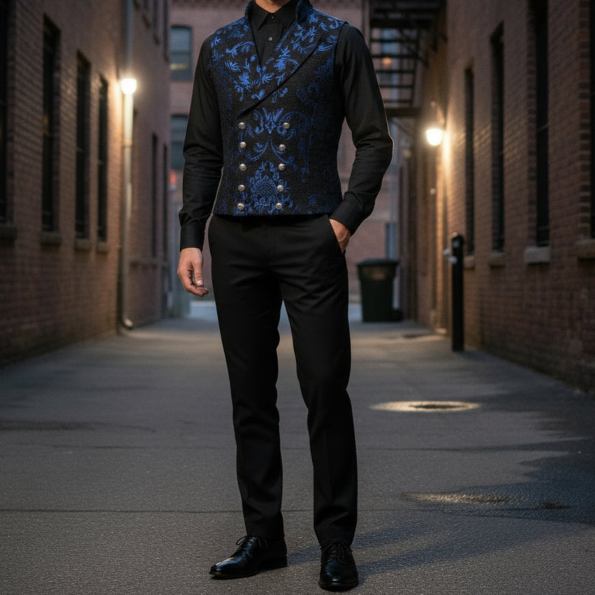 Men's Victorian Gentleman's Aristocrat Vest Tapestry Stylish Casual Vest Blue/Black