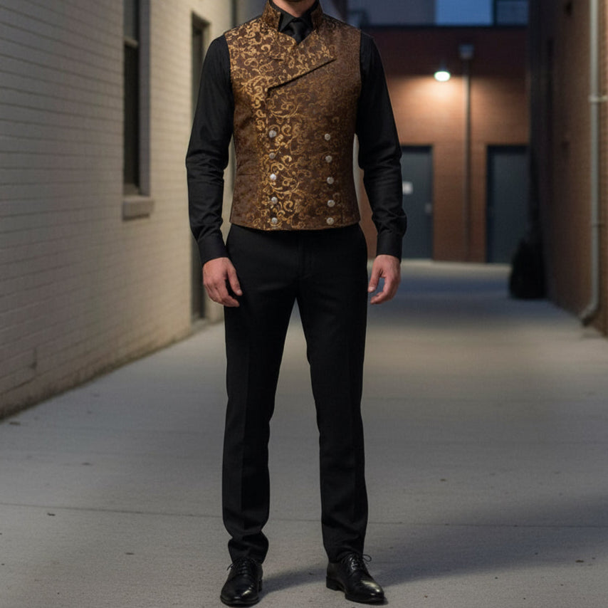 Men's Steampunk Double-Breasted Waistcoat Gold Vest Gothic Western-Reenactment USA