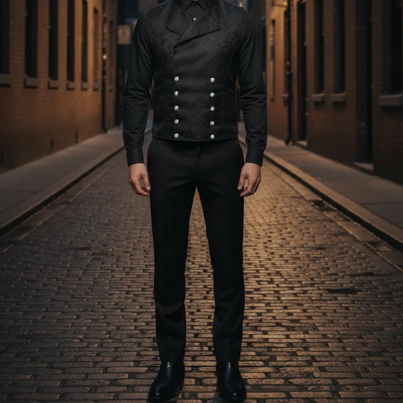 Men's Steampunk Double-Breasted Waistcoat Black Vest Gothic Western-Reenactment USA