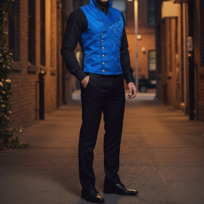 Men's Steampunk Double-Breasted Waistcoat Royal Blue Vest Gothic Western-Reenactment USA