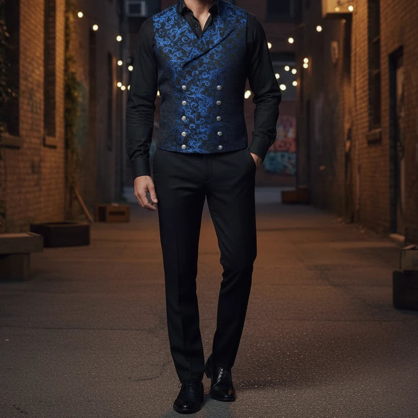 Men's Steampunk Double-Breasted Waistcoat Blue Vest Gothic Western-Reenactment USA