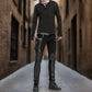 Devil Fashion Men Diesel punk Pants Jeans Black Gothic Punk Faux Leather Hip Bag