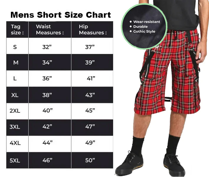 Gothic Bondage Red Plaid Men's Alternative Punk Rock Emo Shorts
