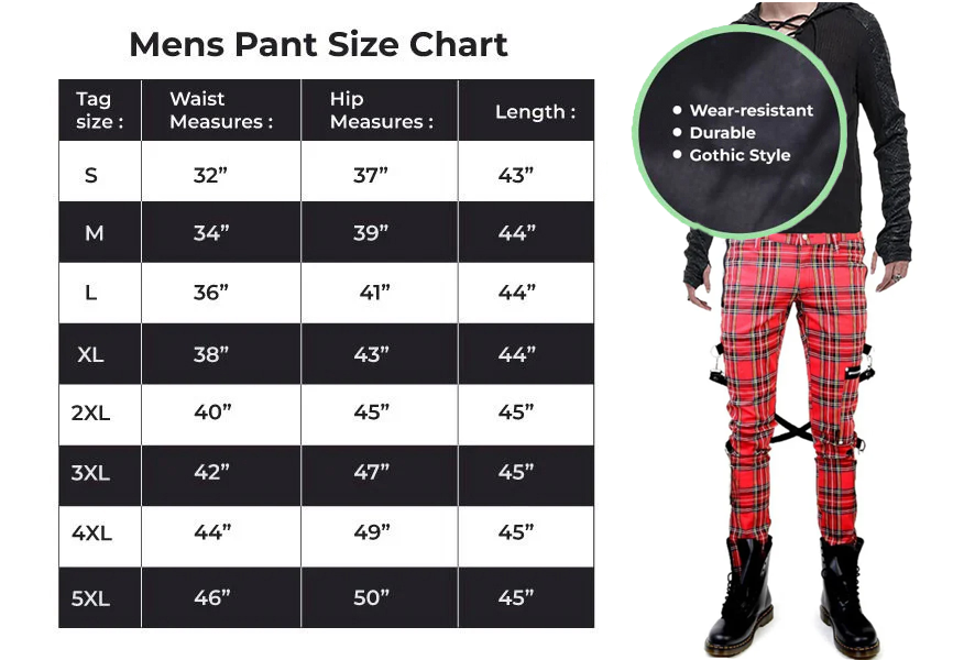 Gothic Bondage Red Plaid Men Pant Alternative Punk Rebel Rock Emo Trouser Pant