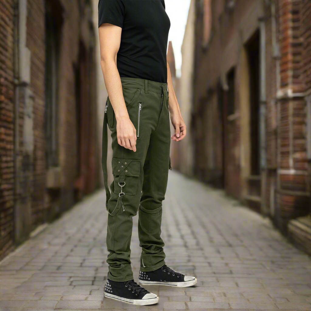 Gothic Bondage Straps Zipper Gothic Punk Army Green Goth Jeans Pants