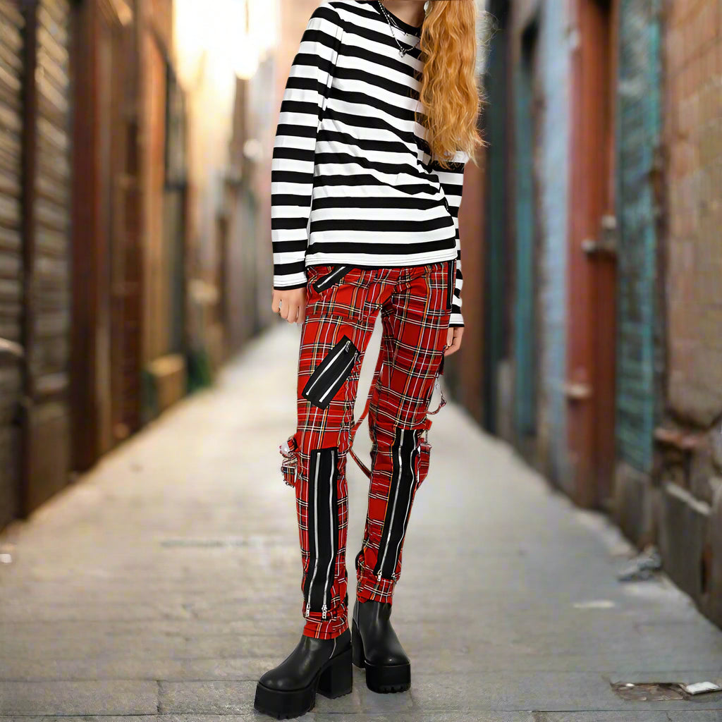 Gothic Bondage Red Straps Men Pant Alternative Punk Rebel Rock Emo Trouser Jeans Pant