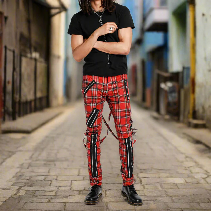 Gothic Bondage Red Straps Men Pant Alternative Punk Rebel Rock Emo Trouser Jeans Pant