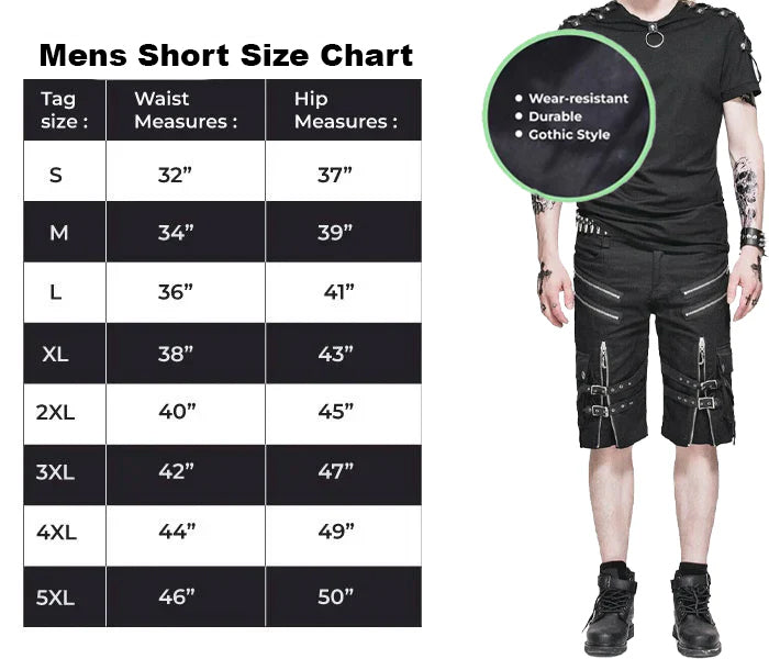 Men's Steampunk Casual Shorts Black Belt Rock Zipper Gothic Summer Shorts