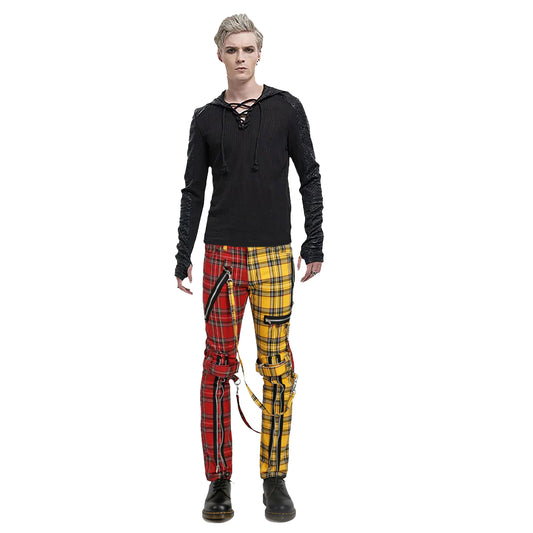 Men Bondage Straps Punk Split Leg Plaid Jeans Pant Alternative Rebel Rock Emo