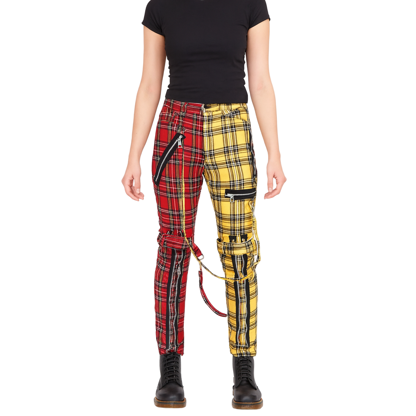 Men Bondage Straps Punk Split Leg Plaid Jeans Pant Alternative Rebel Rock Emo