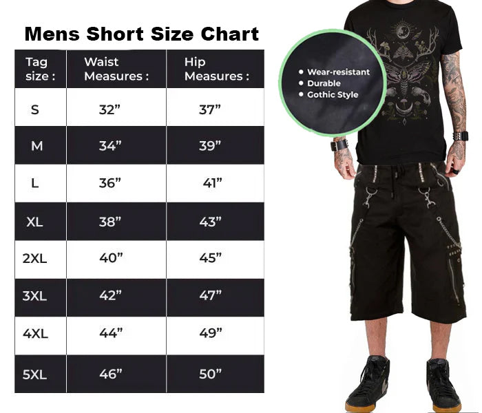 Gothic Mens Black Chrome Trousers Punk Rock Studs Metal Chain Shorts