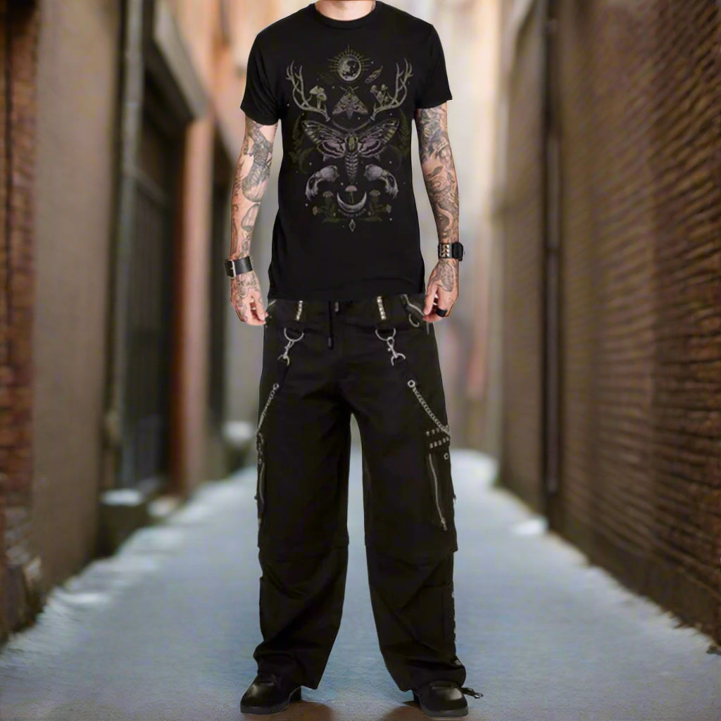 Gothic Men Black Chrome Trousers Punk Rock Studs Metal Chain Trouser