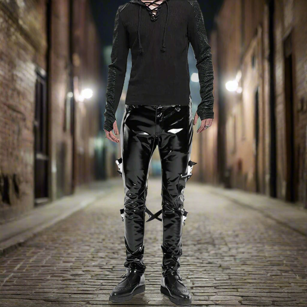 SKINNY JEANS BLACK GOTHIC SUPREME CHAOS VINYL PUNK REBEL PANTS WITH STRAP