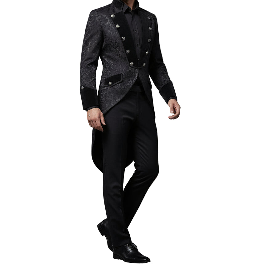 Handmade Men Tail Coat Jacket Black Brocade Goth Steampunk Victorian Tailcoat