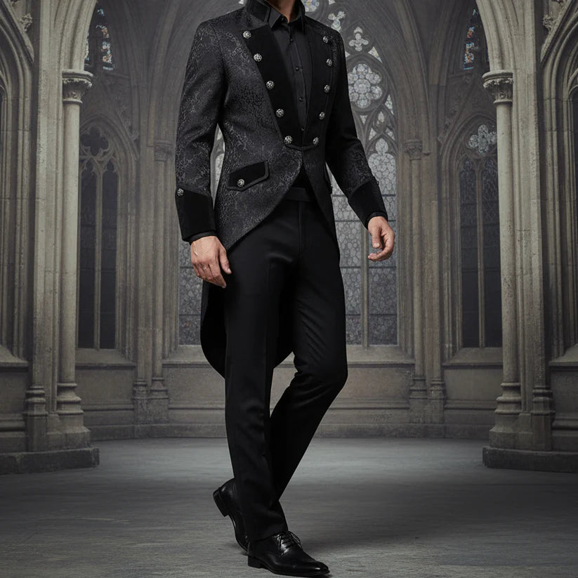 Handmade Men Tail Coat Jacket Black Brocade Goth Steampunk Victorian Tailcoat