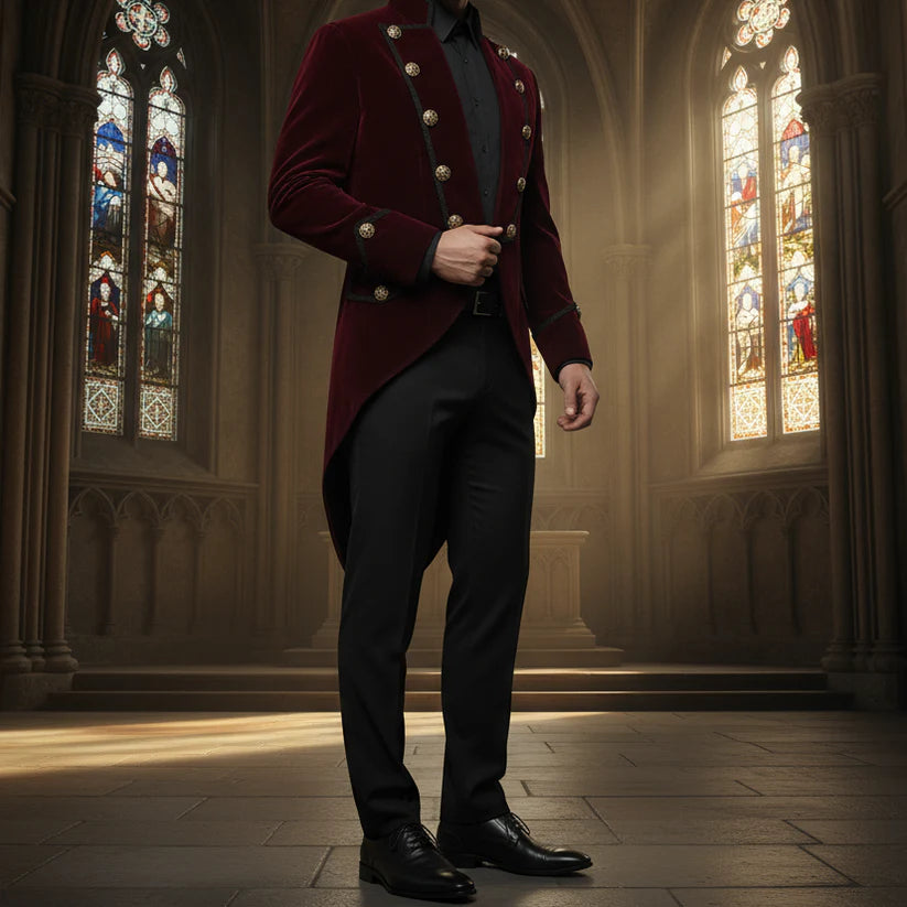 Men's Handmade Steampunk Tailcoat Jacket Red And Black Velvet Goth VTG Victorian