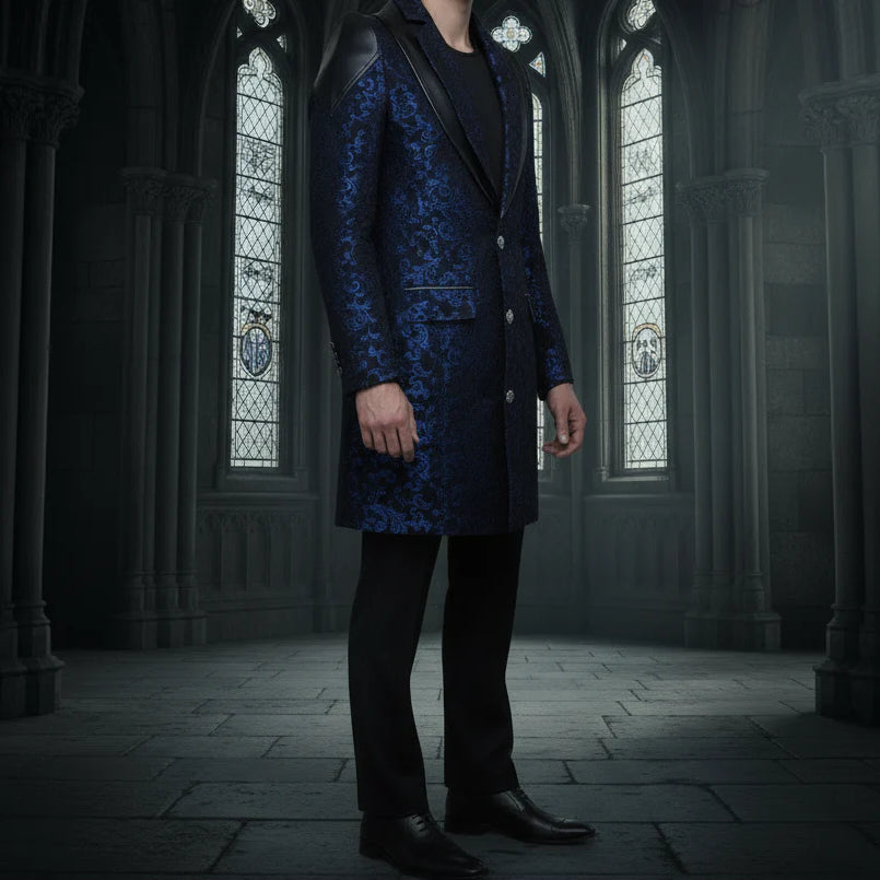 Men's Jacket Coat Blue Damask Gothic Steampunk Vtg Aristocrat Faux Leather