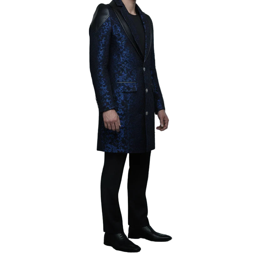 Men's Jacket Coat Blue Damask Gothic Steampunk Vtg Aristocrat Faux Leather