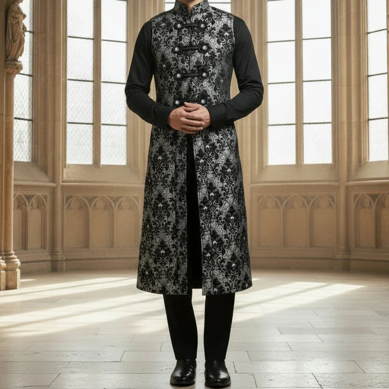 Men's Fashion Long Gothic Waistcoat Coat Jacket Black Silver Damask Steampunk