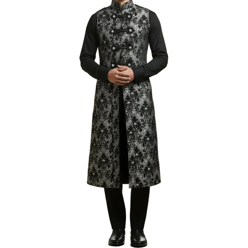 Men's Fashion Long Gothic Waistcoat Coat Jacket Black Silver Damask Steampunk