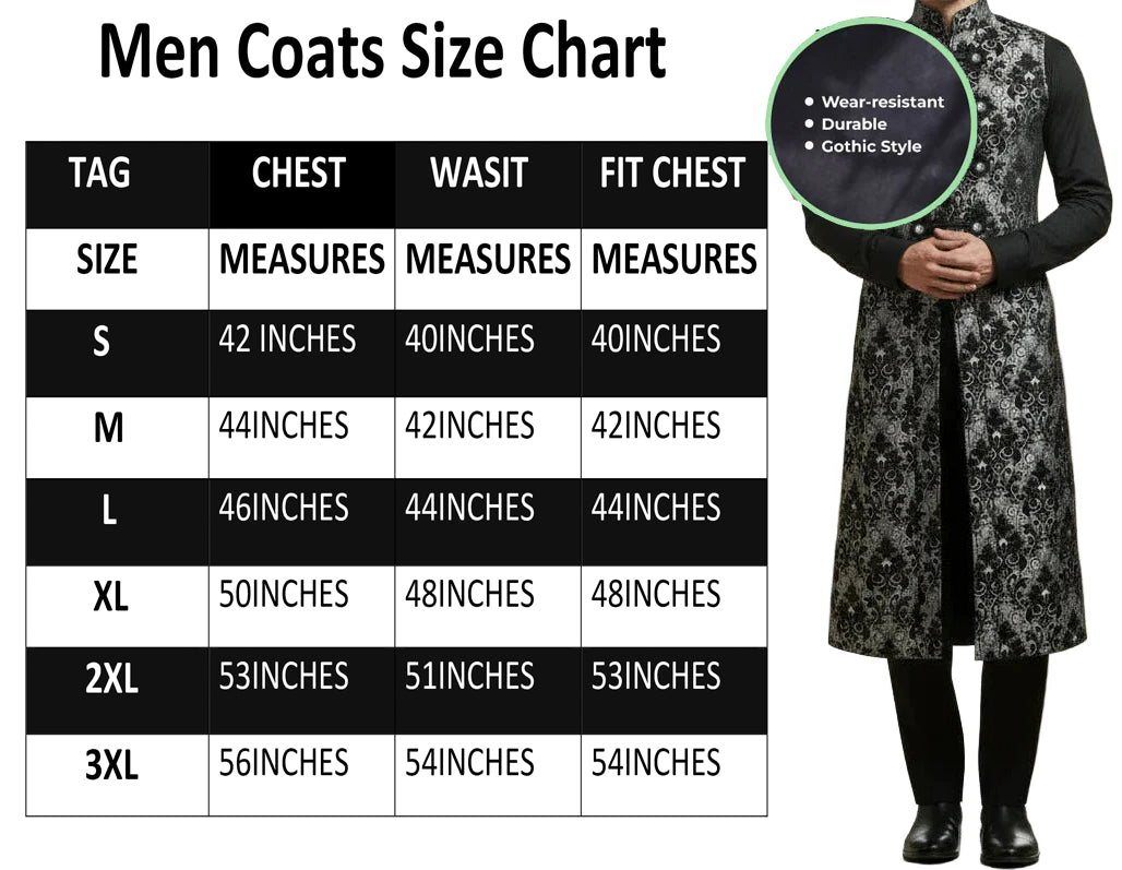 Men's Fashion Long Gothic Waistcoat Coat Jacket Black Silver Damask Steampunk