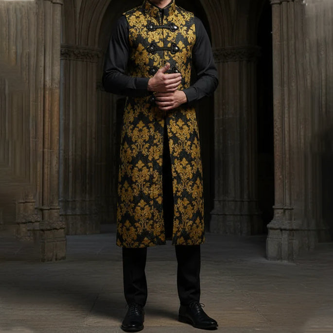 Men's Fashion Long Gothic Waistcoat Coat Jacket Black Gold Damask Steampunk