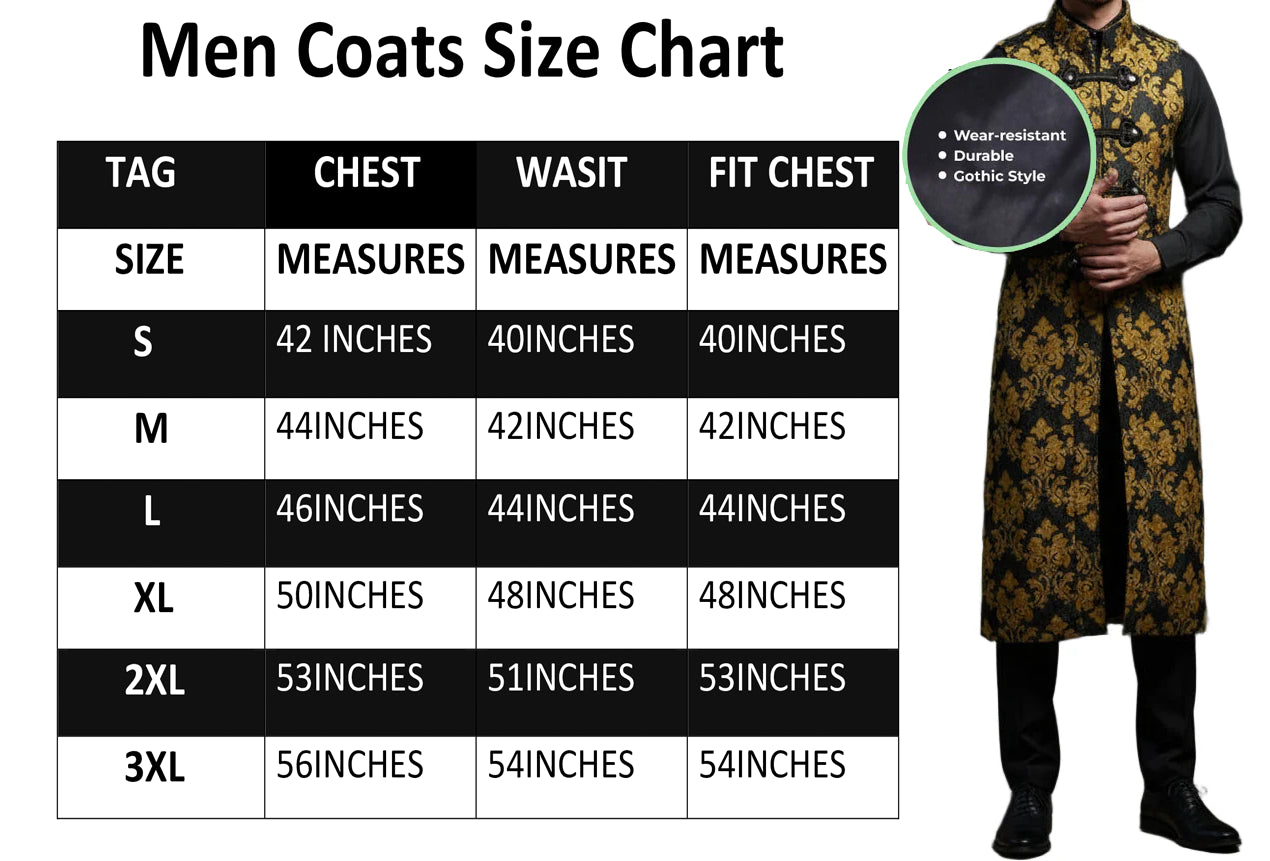 Men's Fashion Long Gothic Waistcoat Coat Jacket Black Gold Damask Steampunk